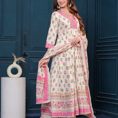 Cream Pure Cotton Floral V Neck Flared Kurta, Pant & Dupatta Set For Women Mizaz Jaipur