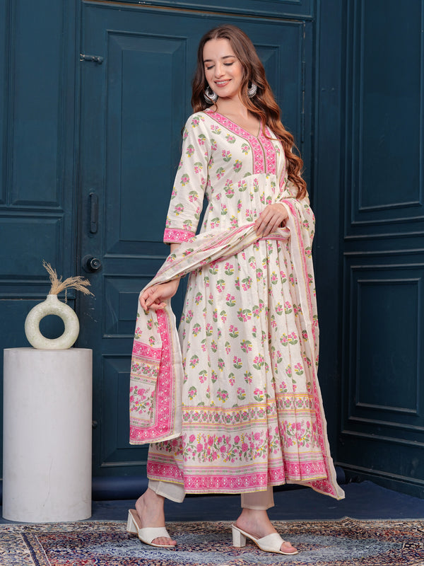 Cream Pure Cotton Floral V Neck Flared Kurta, Pant & Dupatta Set For Women Mizaz Jaipur