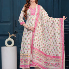 Cream Pure Cotton Floral V Neck Flared Kurta, Pant & Dupatta Set For Women Mizaz Jaipur
