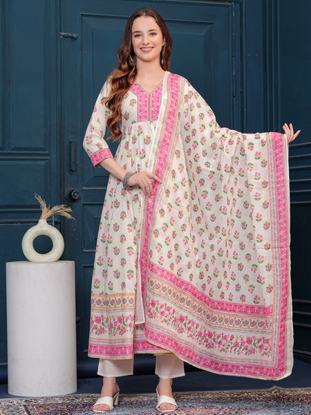 Cream Pure Cotton Floral V Neck Flared Kurta, Pant & Dupatta Set For Women Mizaz Jaipur