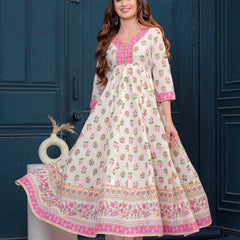Cream Pure Cotton Floral V Neck Flared Kurta, Pant & Dupatta Set For Women Mizaz Jaipur