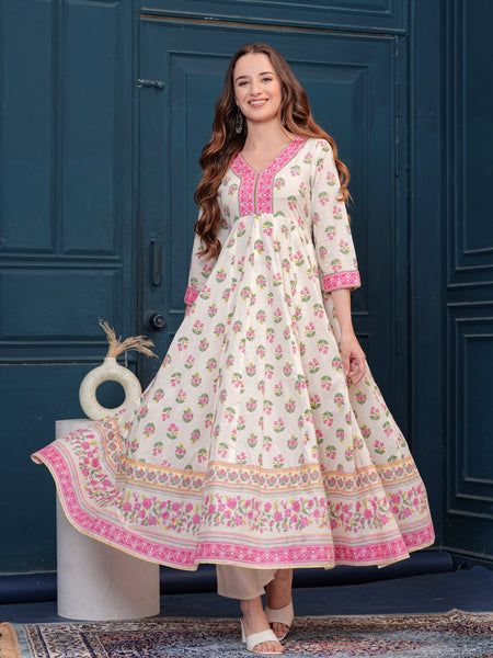 Cream Pure Cotton Floral V Neck Flared Kurta, Pant & Dupatta Set For Women Mizaz Jaipur