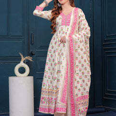 Cream Pure Cotton Floral V Neck Flared Kurta, Pant & Dupatta Set For Women Mizaz Jaipur