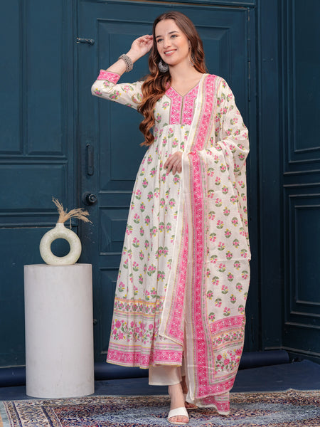 Cream Pure Cotton Floral V Neck Flared Kurta, Pant & Dupatta Set For Women Mizaz Jaipur