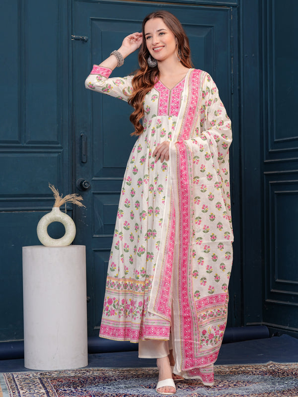 Cream Pure Cotton Floral V Neck Flared Kurta, Pant & Dupatta Set For Women Mizaz Jaipur