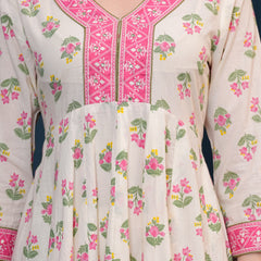 Cream Pure Cotton Floral V Neck Flared Kurta, Pant & Dupatta Set For Women Mizaz Jaipur
