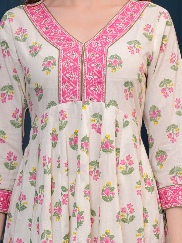Cream Pure Cotton Floral V Neck Flared Kurta, Pant & Dupatta Set For Women Mizaz Jaipur