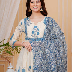 Blue Pure Cotton Floral Round Neck Flared Kurta, Pant & Dupatta Set For Women Mizazjaipur