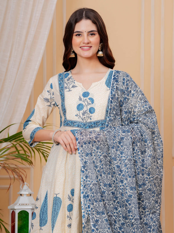 Blue Pure Cotton Floral Round Neck Flared Kurta, Pant & Dupatta Set For Women Mizazjaipur