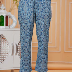 Blue Pure Cotton Floral Round Neck Flared Kurta, Pant & Dupatta Set For Women Mizazjaipur