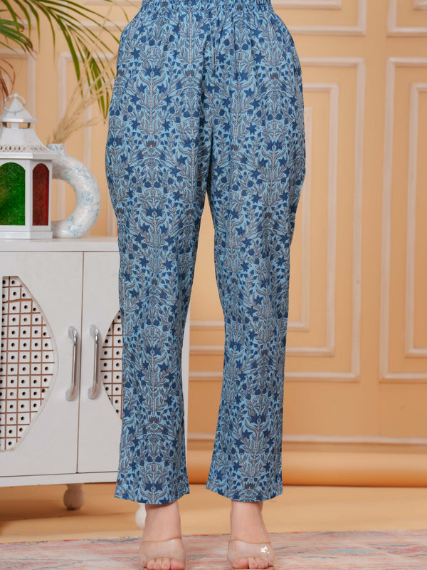 Blue Pure Cotton Floral Round Neck Flared Kurta, Pant & Dupatta Set For Women Mizazjaipur