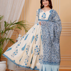 Blue Pure Cotton Floral Round Neck Flared Kurta, Pant & Dupatta Set For Women Mizazjaipur