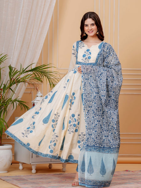 Blue Pure Cotton Floral Round Neck Flared Kurta, Pant & Dupatta Set For Women Mizazjaipur