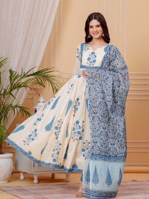 Blue Pure Cotton Floral Round Neck Flared Kurta, Pant & Dupatta Set For Women Mizazjaipur