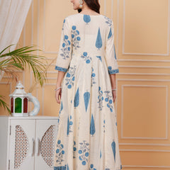 Blue Pure Cotton Floral Round Neck Flared Kurta, Pant & Dupatta Set For Women Mizazjaipur
