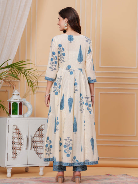 Blue Pure Cotton Floral Round Neck Flared Kurta, Pant & Dupatta Set For Women Mizazjaipur
