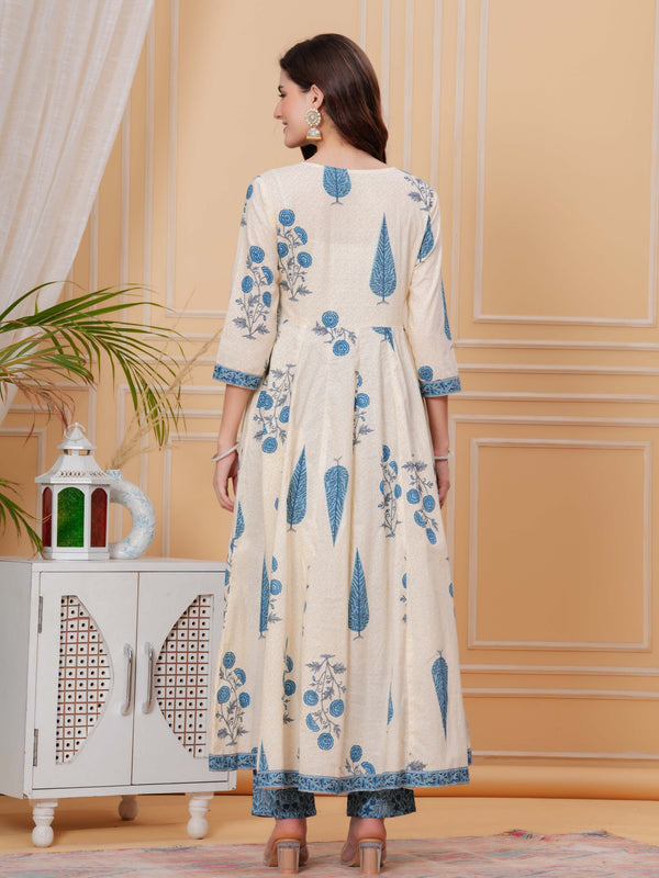 Blue Pure Cotton Floral Round Neck Flared Kurta, Pant & Dupatta Set For Women Mizazjaipur