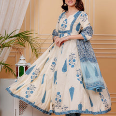 Blue Pure Cotton Floral Round Neck Flared Kurta, Pant & Dupatta Set For Women Mizazjaipur