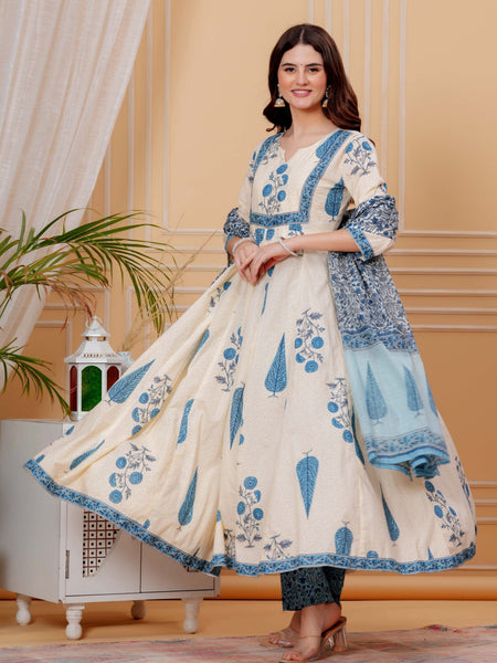 Blue Pure Cotton Floral Round Neck Flared Kurta, Pant & Dupatta Set For Women Mizazjaipur