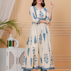 Blue Pure Cotton Floral Round Neck Flared Kurta, Pant & Dupatta Set For Women Mizazjaipur