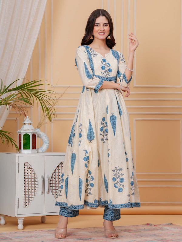 Blue Pure Cotton Floral Round Neck Flared Kurta, Pant & Dupatta Set For Women Mizazjaipur