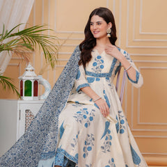Blue Pure Cotton Floral Round Neck Flared Kurta, Pant & Dupatta Set For Women Mizazjaipur