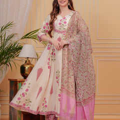 Onion Pink Pure Cotton Floral Round Neck Flared Kurta, Pant & Dupatta Set For Women Mizaz Jaipur