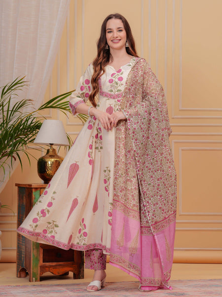 Onion Pink Pure Cotton Floral Round Neck Flared Kurta, Pant & Dupatta Set For Women Mizaz Jaipur