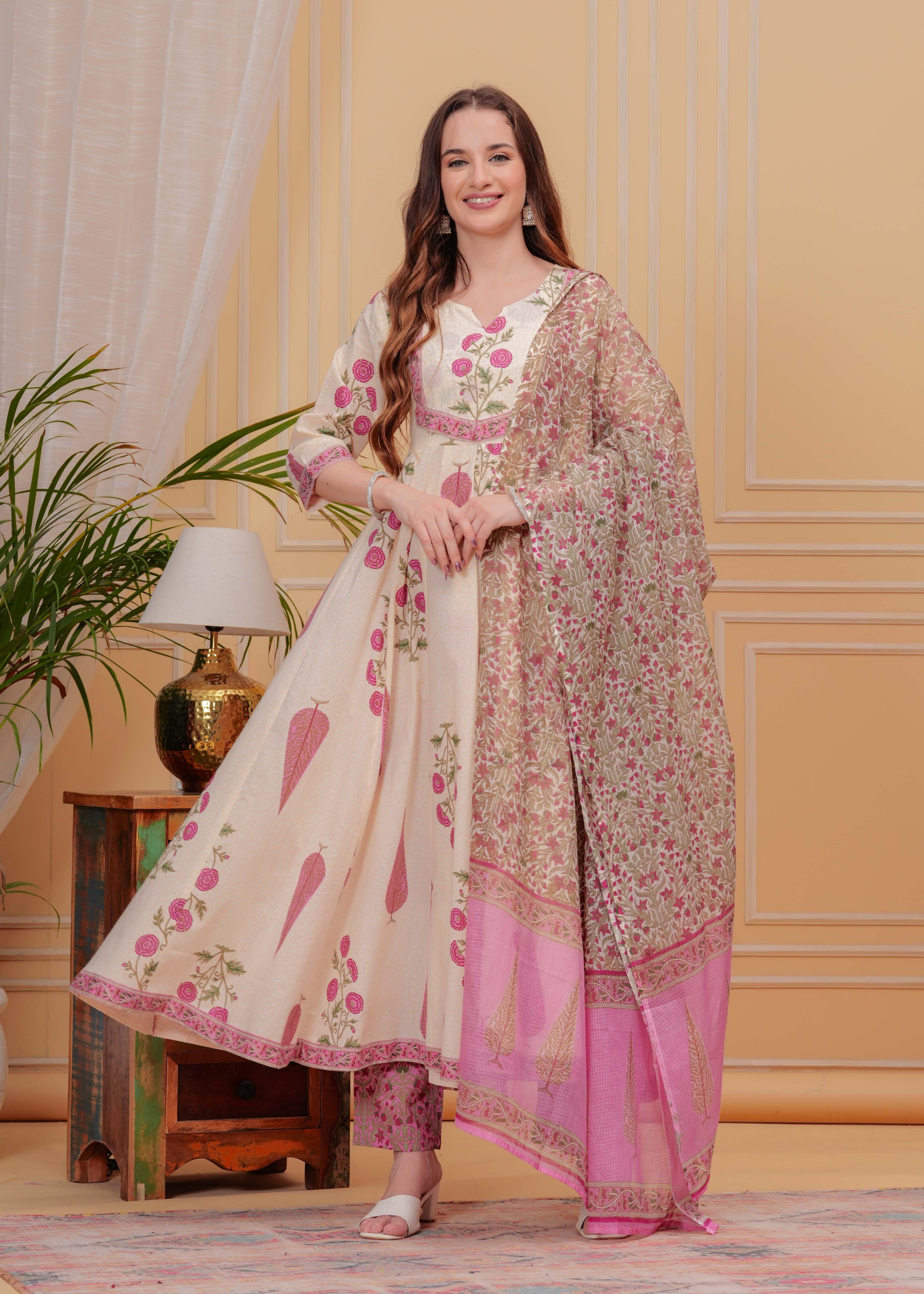 Onion Pink Pure Cotton Floral Round Neck Flared Kurta, Pant & Dupatta Set For Women Mizaz Jaipur
