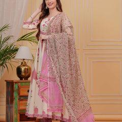 Onion Pink Pure Cotton Floral Round Neck Flared Kurta, Pant & Dupatta Set For Women Mizaz Jaipur