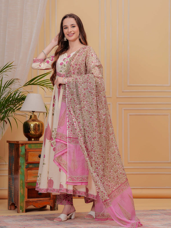 Onion Pink Pure Cotton Floral Round Neck Flared Kurta, Pant & Dupatta Set For Women Mizaz Jaipur