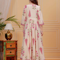 Onion Pink Pure Cotton Floral Round Neck Flared Kurta, Pant & Dupatta Set For Women Mizaz Jaipur
