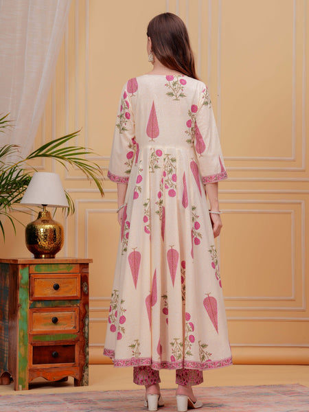 Onion Pink Pure Cotton Floral Round Neck Flared Kurta, Pant & Dupatta Set For Women Mizaz Jaipur