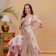 Onion Pink Pure Cotton Floral Round Neck Flared Kurta, Pant & Dupatta Set For Women Mizaz Jaipur