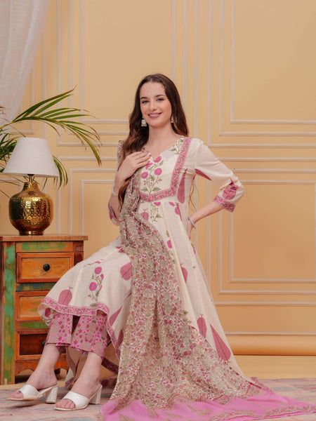 Onion Pink Pure Cotton Floral Round Neck Flared Kurta, Pant & Dupatta Set For Women Mizaz Jaipur
