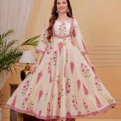 Onion Pink Pure Cotton Floral Round Neck Flared Kurta, Pant & Dupatta Set For Women Mizaz Jaipur