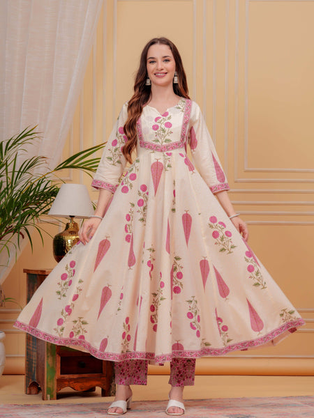 Onion Pink Pure Cotton Floral Round Neck Flared Kurta, Pant & Dupatta Set For Women Mizaz Jaipur