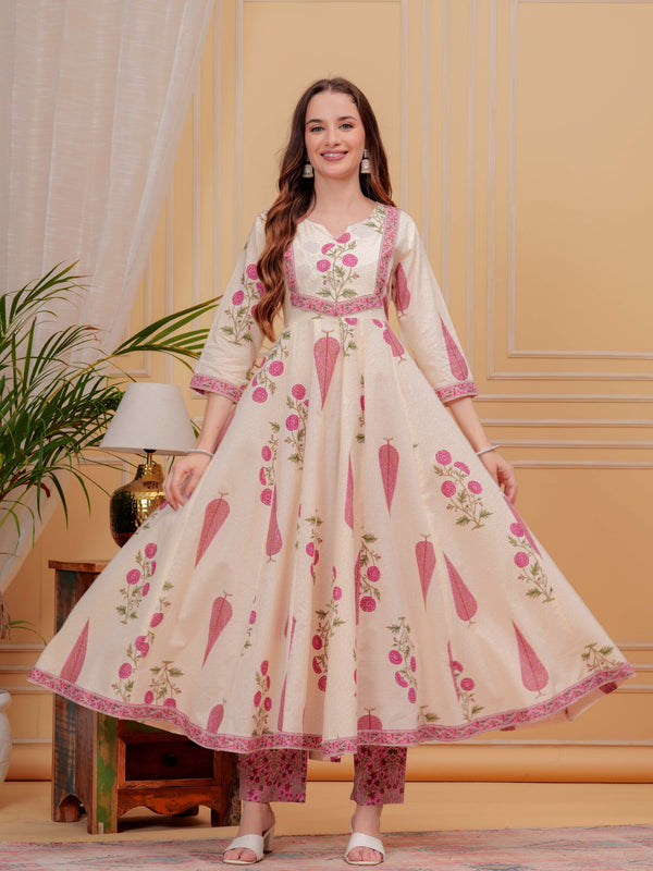 Onion Pink Pure Cotton Floral Round Neck Flared Kurta, Pant & Dupatta Set For Women Mizaz Jaipur