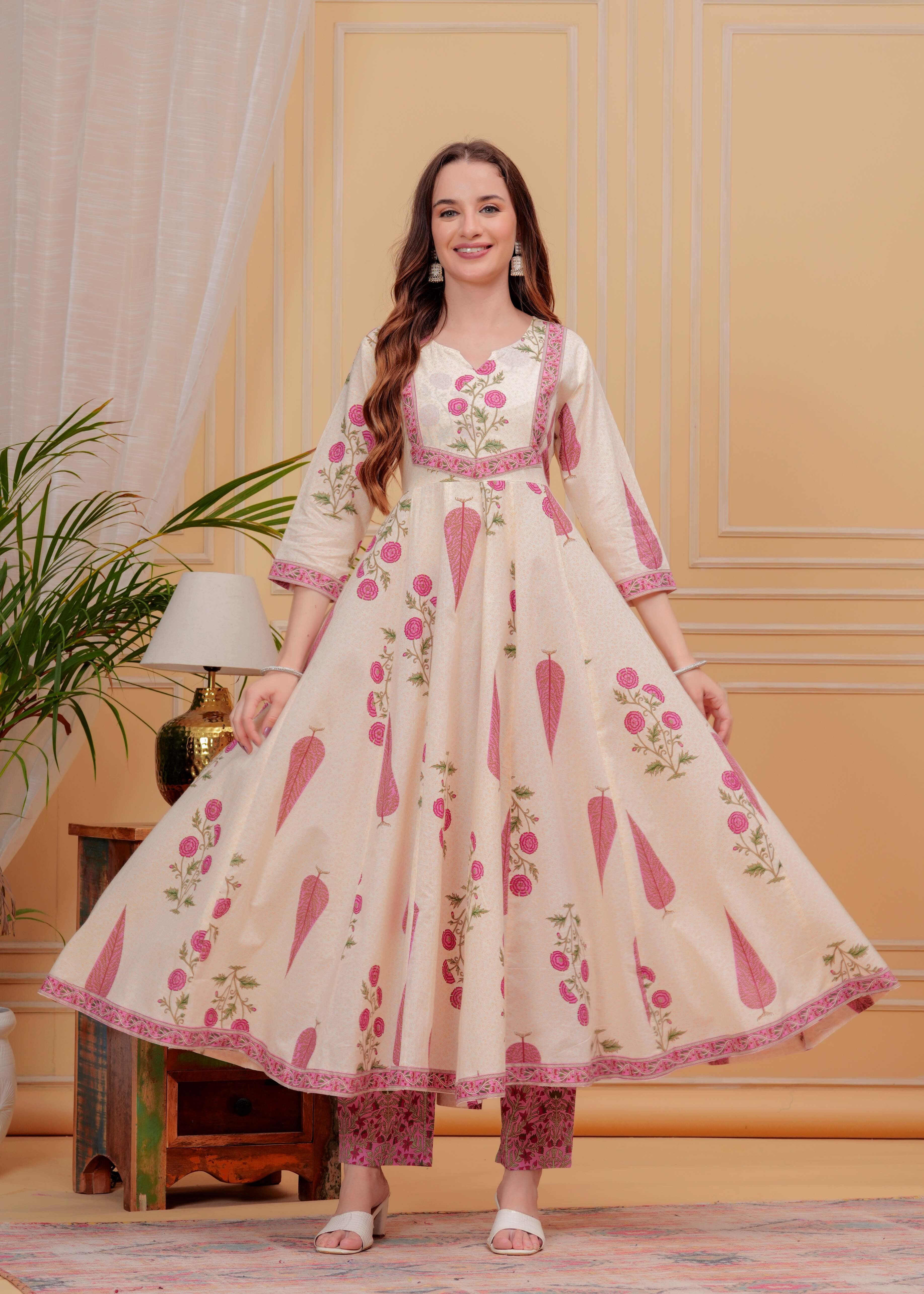 Onion Pink Pure Cotton Floral Round Neck Flared Kurta, Pant & Dupatta Set For Women Mizaz Jaipur