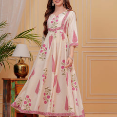 Onion Pink Pure Cotton Floral Round Neck Flared Kurta, Pant & Dupatta Set For Women Mizaz Jaipur