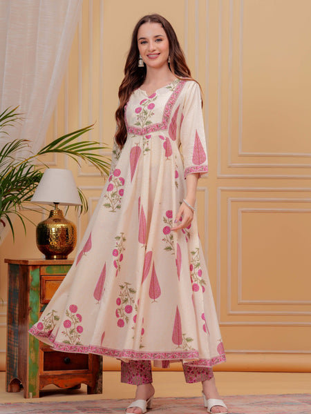 Onion Pink Pure Cotton Floral Round Neck Flared Kurta, Pant & Dupatta Set For Women Mizaz Jaipur