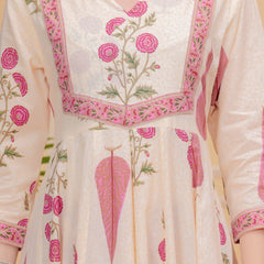 Onion Pink Pure Cotton Floral Round Neck Flared Kurta, Pant & Dupatta Set For Women Mizaz Jaipur