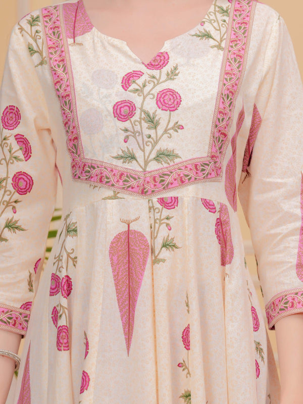 Onion Pink Pure Cotton Floral Round Neck Flared Kurta, Pant & Dupatta Set For Women Mizaz Jaipur