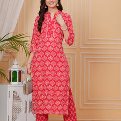 Red Pure Cotton Floral Mandarin Collar Straight Kurta & Pant For Women Mizaz Jaipur