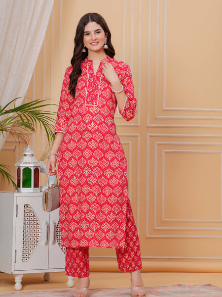 Red Pure Cotton Floral Mandarin Collar Straight Kurta & Pant For Women Mizaz Jaipur