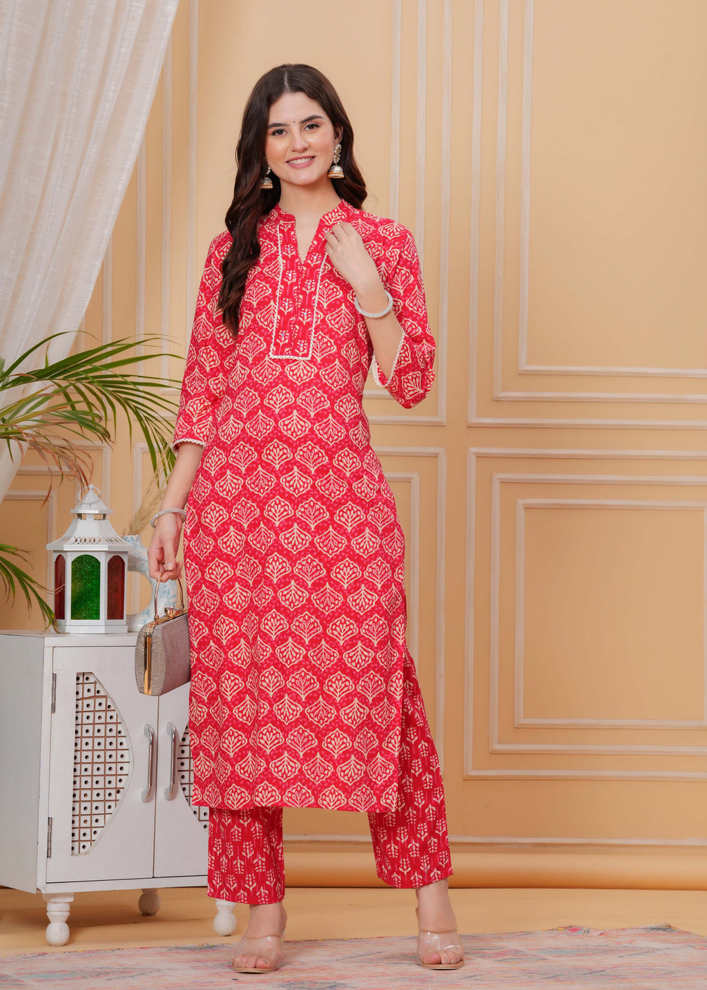 Red Pure Cotton Floral Mandarin Collar Straight Kurta & Pant For Women Mizaz Jaipur