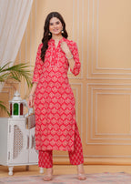 Red Pure Cotton Floral Mandarin Collar Straight Kurta & Pant For Women Mizaz Jaipur
