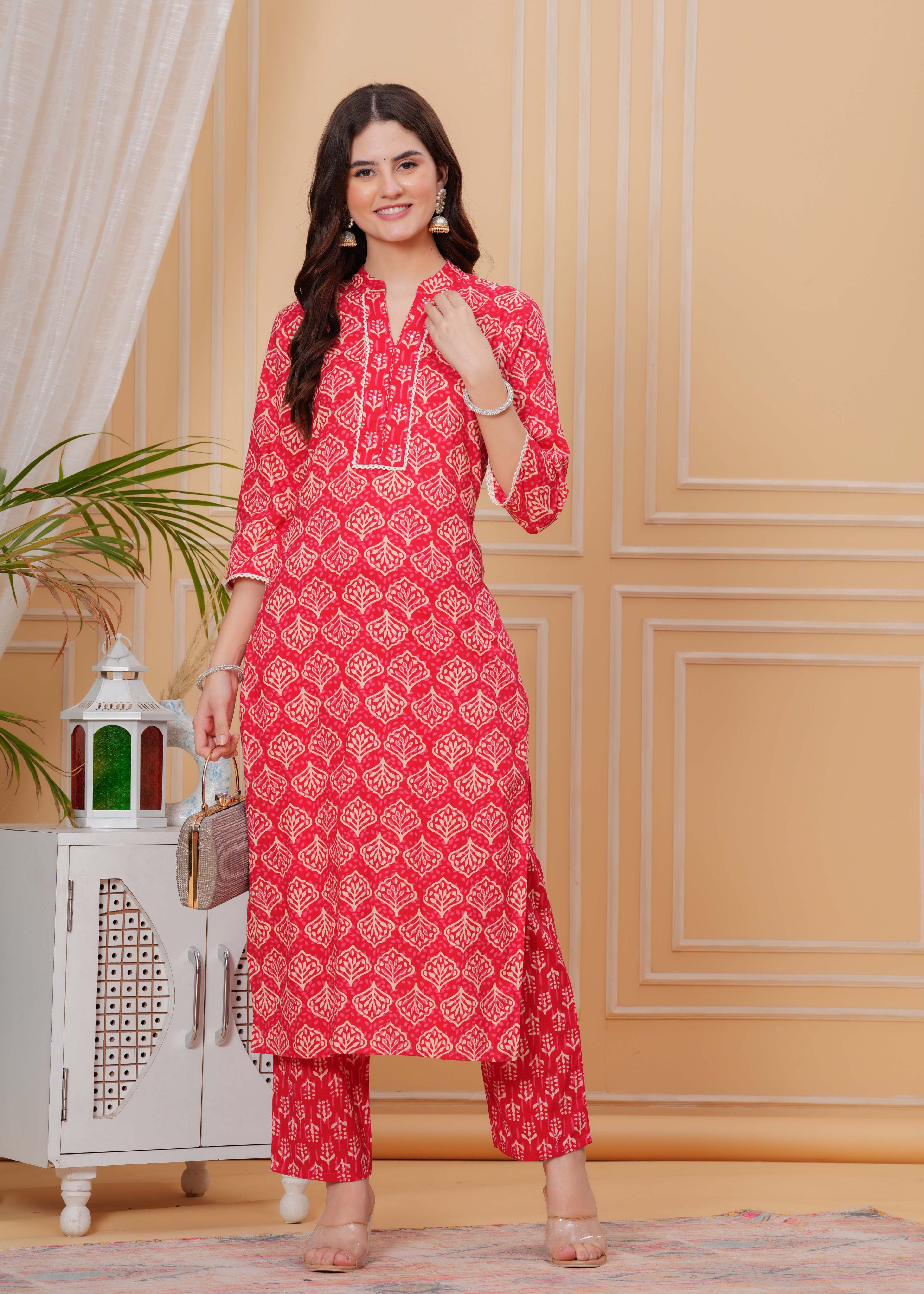 Red Pure Cotton Floral Mandarin Collar Straight Kurta & Pant For Women Mizaz Jaipur