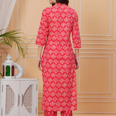 Red Pure Cotton Floral Mandarin Collar Straight Kurta & Pant For Women Mizaz Jaipur