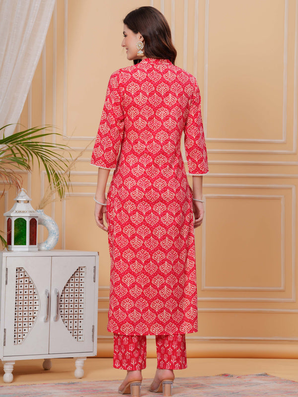 Red Pure Cotton Floral Mandarin Collar Straight Kurta & Pant For Women Mizaz Jaipur